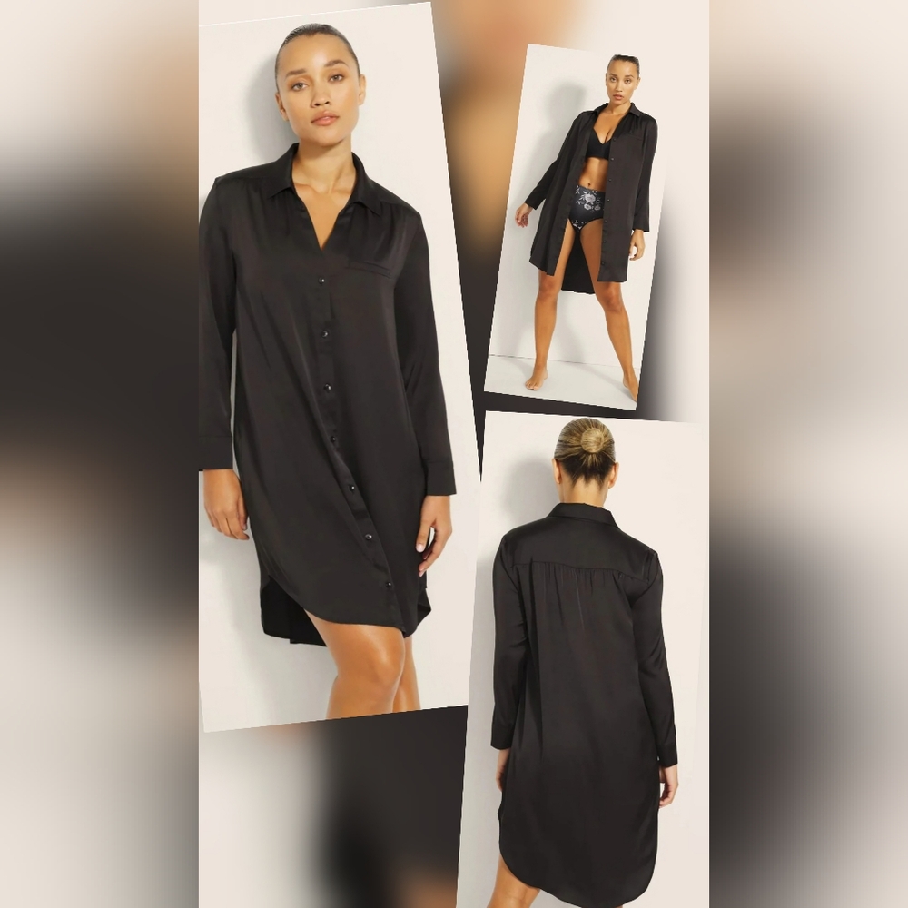 NWT Soma Satin Black Button Front Sleepshirt‎ ~Size Medium